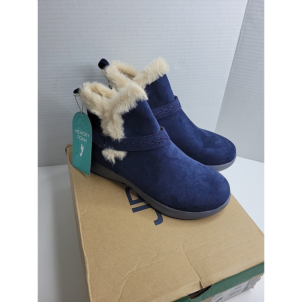 Jambu JBU Ankle Boot sz 6M Women Nordic Navy Faux Suede Fur Bootie Flat Pull On